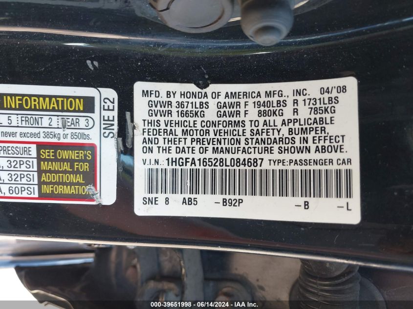2008 Honda Civic Lx VIN: 1HGFA16528L084687 Lot: 39651998