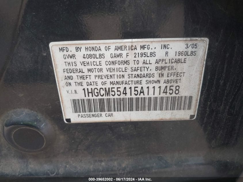 2005 Honda Accord 2.4 Lx VIN: 1HGCM55415A111458 Lot: 39652002