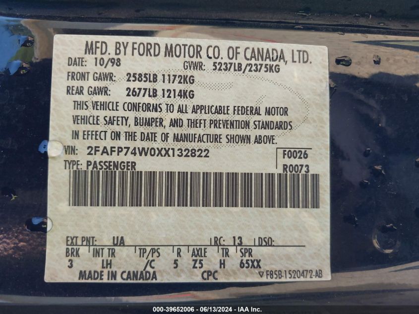 1999 Ford Crown Victoria Lx VIN: 2FAFP74W0XX132822 Lot: 39652006