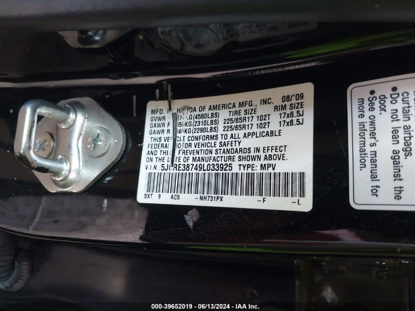 2009 Honda Cr-V Ex-L VIN: 5J6RE38749L033925 Lot: 39652019