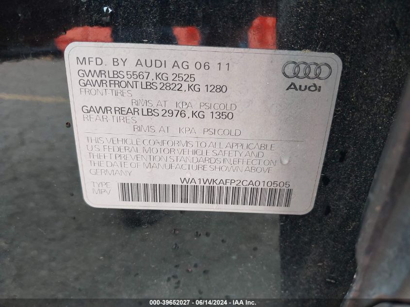 2012 Audi Q5 3.2 Premium VIN: WA1WKAFP2CA010505 Lot: 39652027