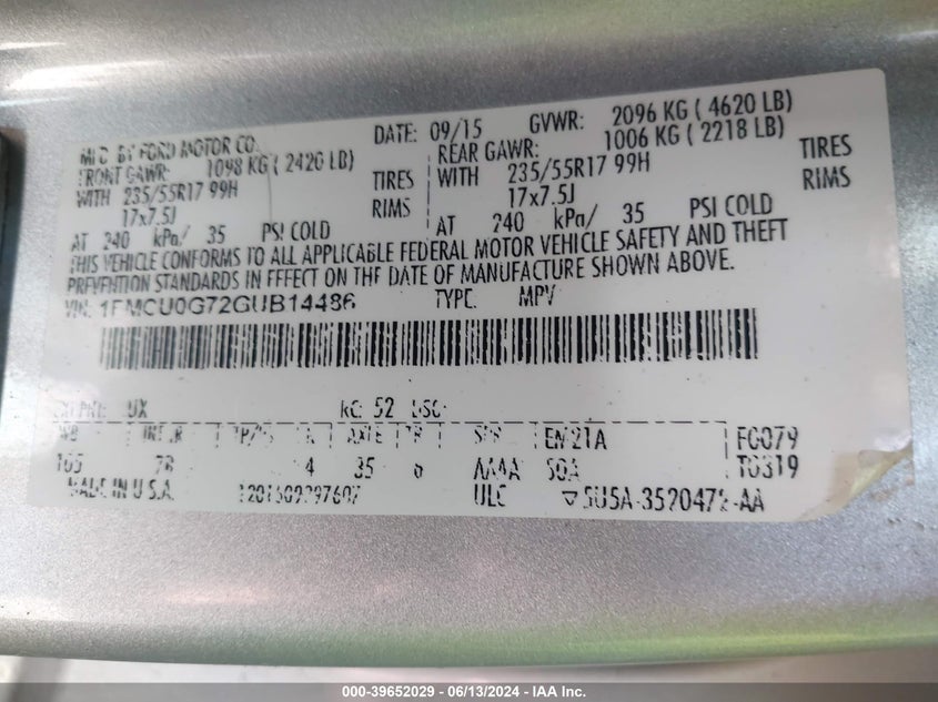 2016 Ford Escape Se VIN: 1FMCU0G72GUB14486 Lot: 39652029