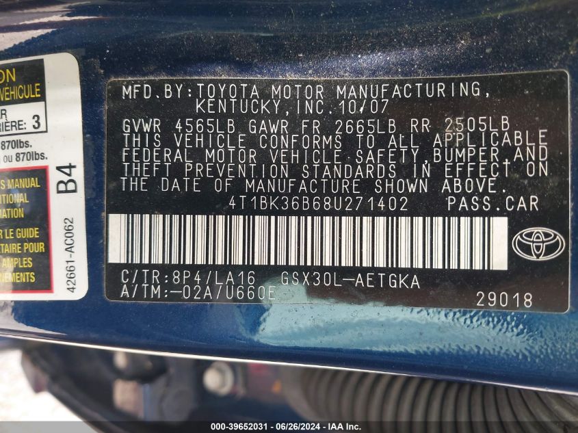 2008 Toyota Avalon Xls VIN: 4T1BK36B68U271402 Lot: 39652031