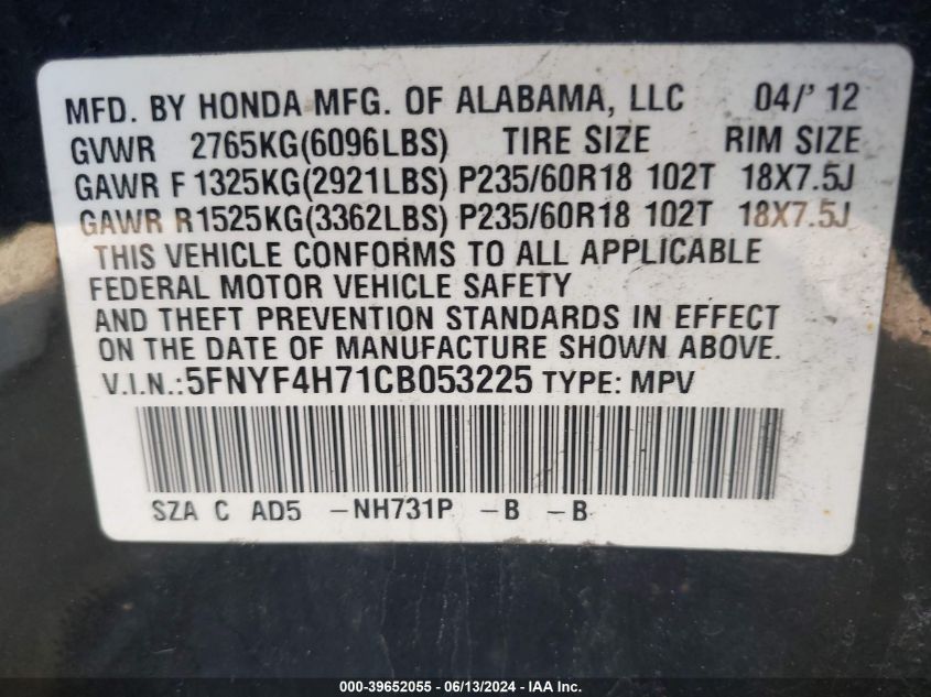 2012 Honda Pilot Ex-L VIN: 5FNYF4H71CB053225 Lot: 39652055