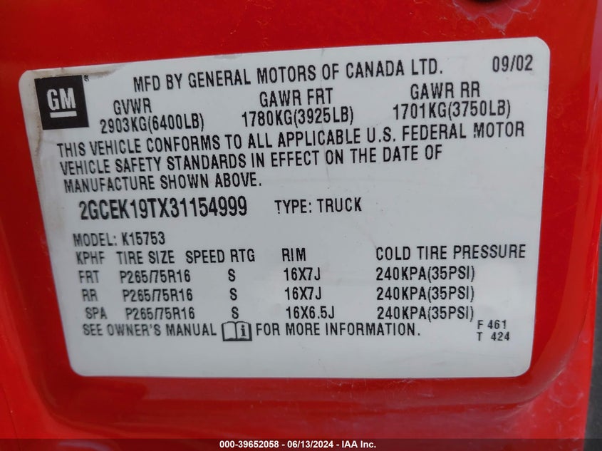 2003 Chevrolet Silverado 1500 Ls VIN: 2GCEK19TX31154999 Lot: 39652058