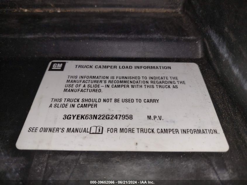2002 Cadillac Escalade Ext Standard VIN: 3GYEK63N22G247958 Lot: 39652066