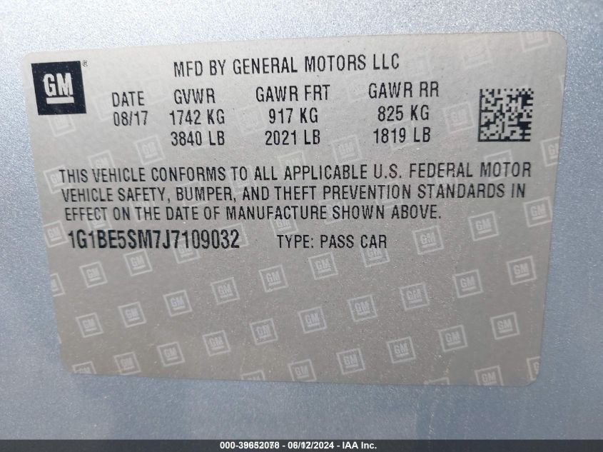 2018 Chevrolet Cruze Lt Auto VIN: 1G1BE5SM7J7109032 Lot: 39652078