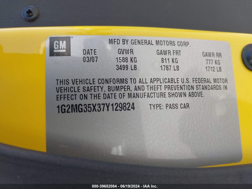 2007 Pontiac Solstice Gxp VIN: 1G2MG35X37Y129824 Lot: 39652084