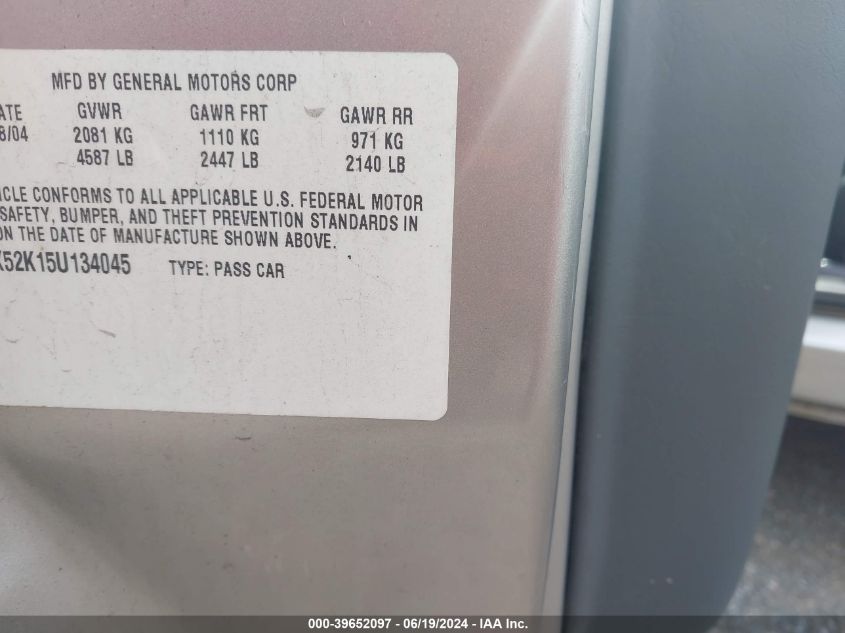 2005 Pontiac Bonneville Se VIN: 1G2HX52K15U134045 Lot: 39652097