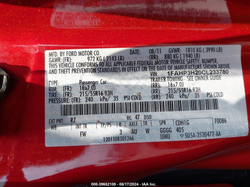 2012 Ford Focus Sel VIN: 1FAHP3H20CL233780 Lot: 39652108