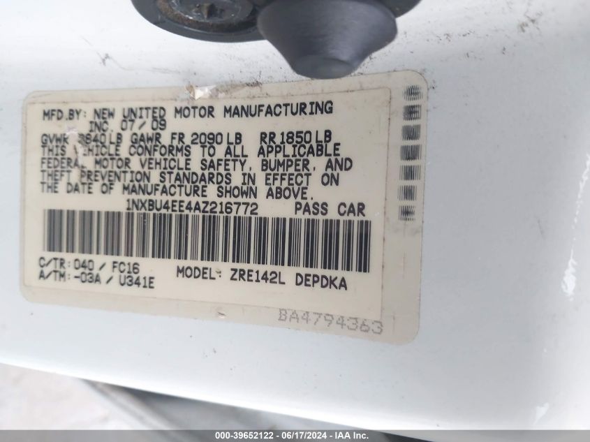 1NXBU4EE4AZ216772 | 2010 TOYOTA COROLLA