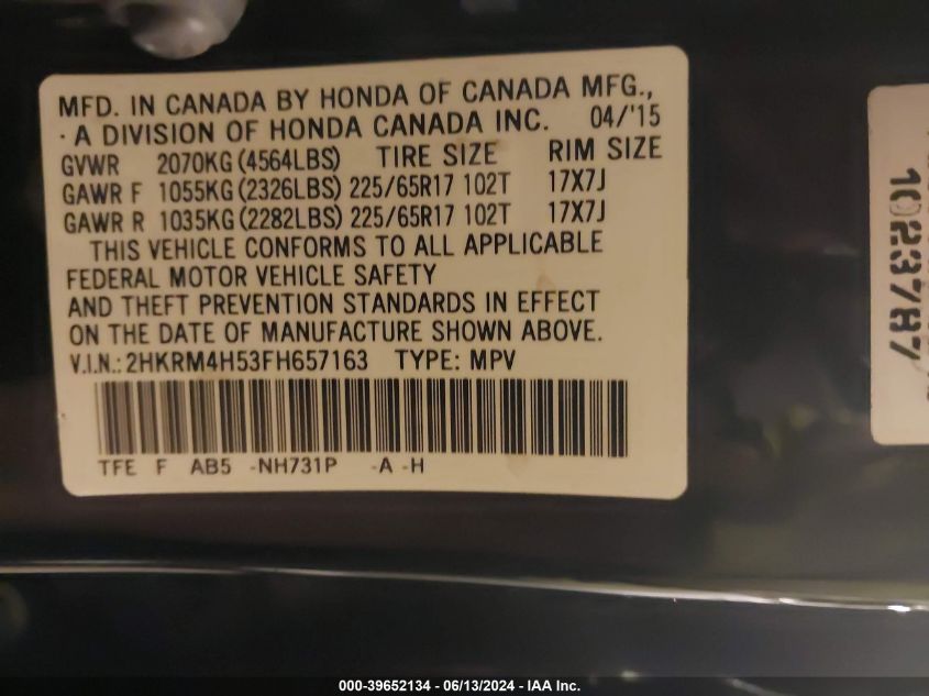 2015 Honda Cr-V Ex VIN: 2HKRM4H53FH657163 Lot: 39652134