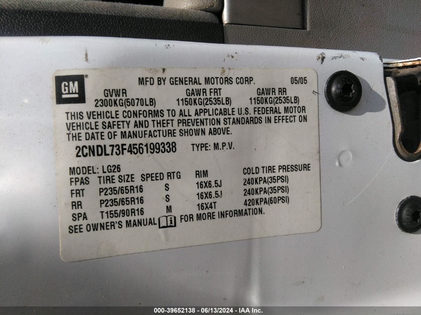 2005 Chevrolet Equinox Lt VIN: 2CNDL73F456199338 Lot: 39652138