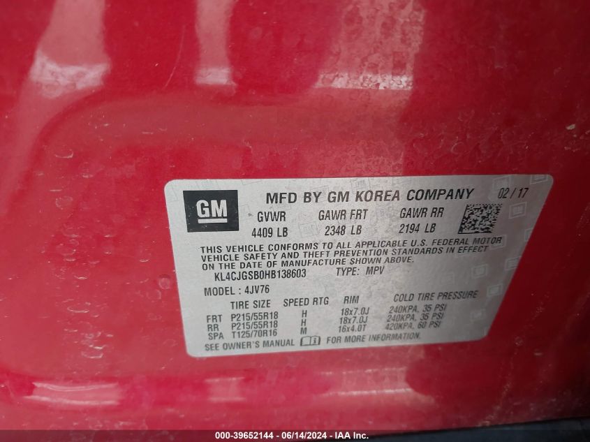 2017 Buick Encore Essence VIN: KL4CJGSB0HB138603 Lot: 39652144