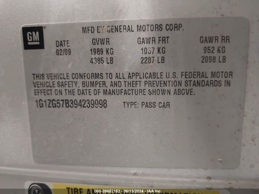 2009 Chevrolet Malibu Ls VIN: 1G1ZG57B394239998 Lot: 39652152