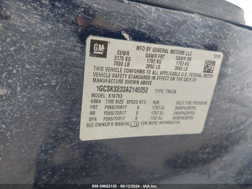 2010 Chevrolet Silverado 1500 Lt VIN: 1GCSKSE33AZ146052 Lot: 39652155