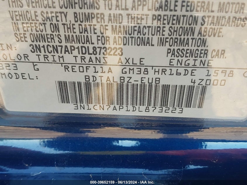 2013 Nissan Versa 1.6 Sv VIN: 3N1CN7AP1DL873223 Lot: 39652159