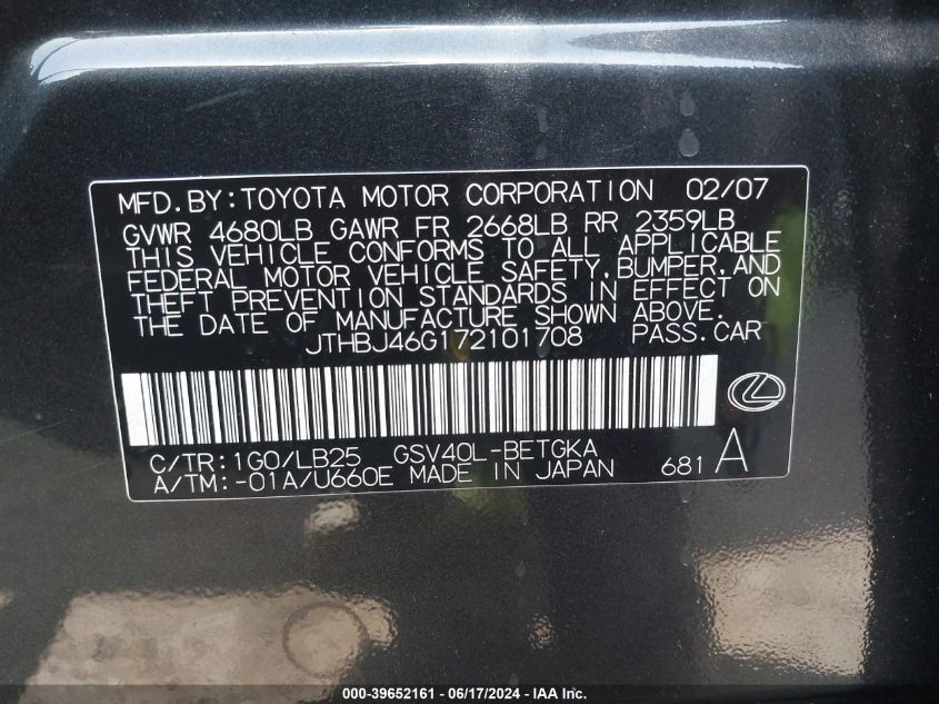 2007 Lexus Es 350 VIN: JTHBJ46G172101708 Lot: 39652161