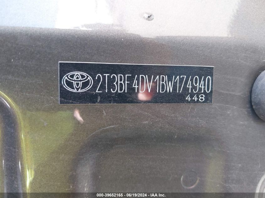 2011 Toyota Rav4 VIN: 2T3BF4DV1BW174940 Lot: 39652165