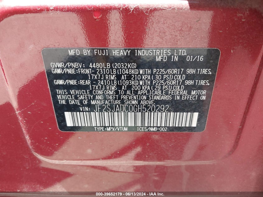 2016 Subaru Forester 2.5I Premium VIN: JF2SJADC0GH520292 Lot: 39652179