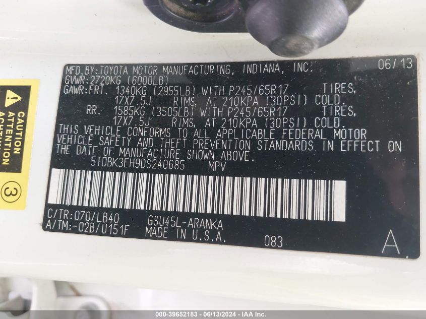 2013 Toyota Highlander Se V6 VIN: 5TDBK3EH9DS240685 Lot: 39652183