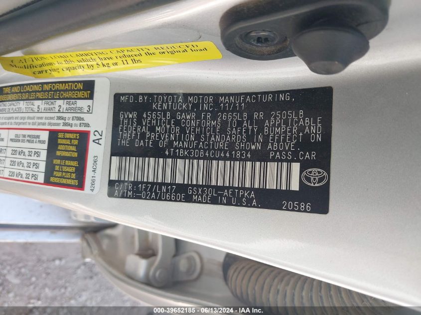 2012 Toyota Avalon Limited VIN: 4T1BK3DB4CU441834 Lot: 39652185