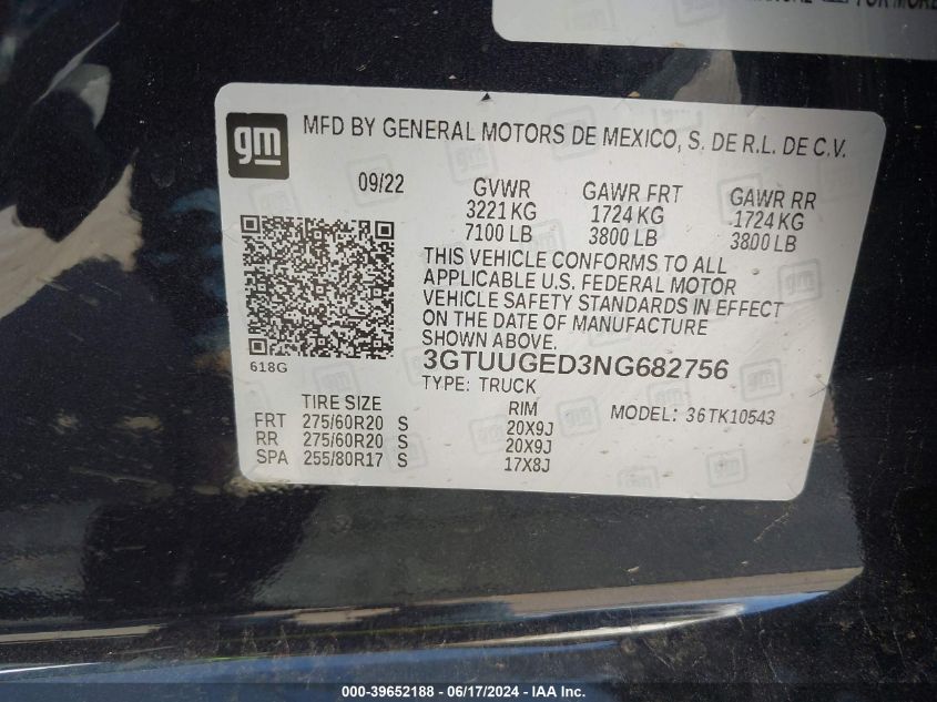 2022 GMC Sierra K1500 Denali VIN: 3GTUUGED3NG682756 Lot: 39652188