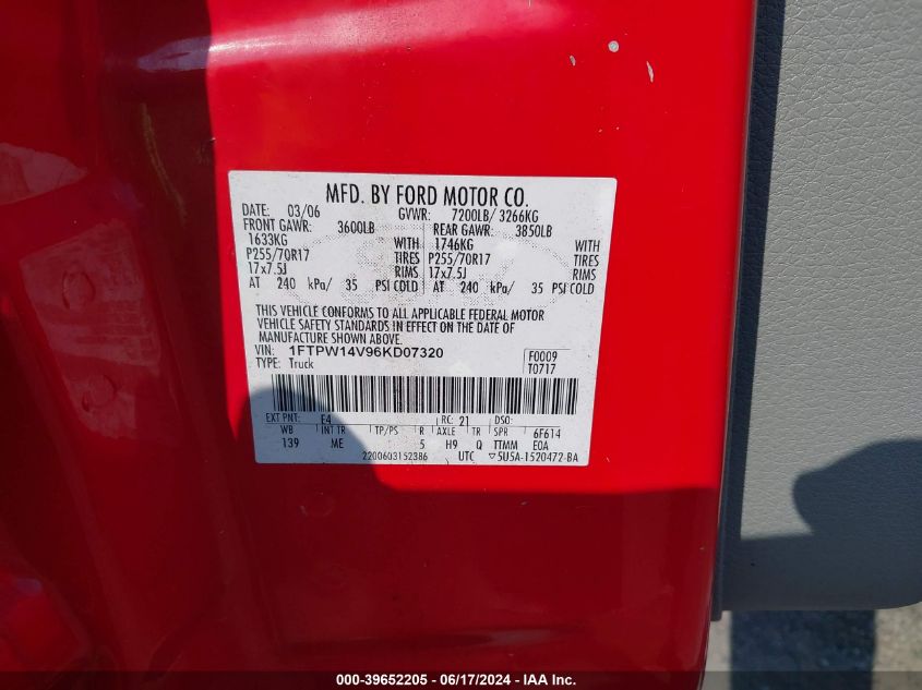 2006 Ford F-150 Fx4/Lariat/Xlt VIN: 1FTPW14V96KD07320 Lot: 39652205