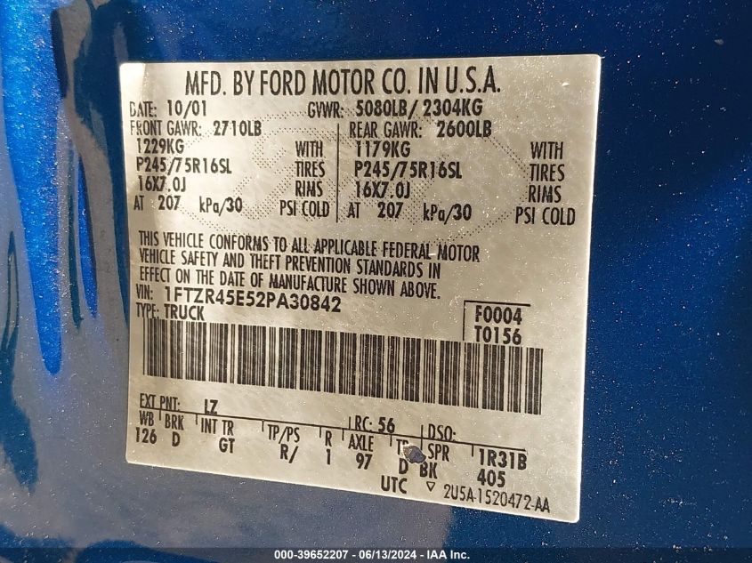 2002 Ford Ranger Edge/Xlt VIN: 1FTZR45E52PA30842 Lot: 39652207