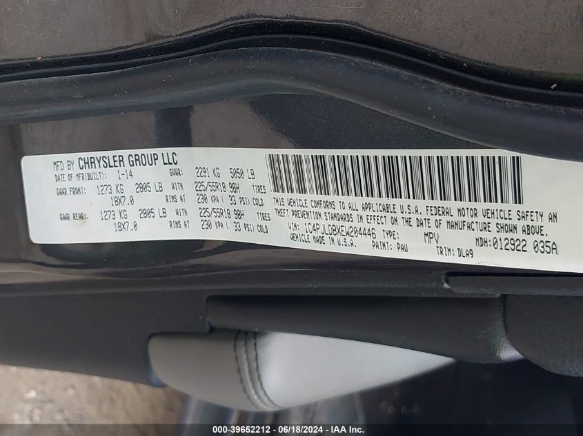 2014 Jeep Cherokee Limited VIN: 1C4PJLDBXEW204446 Lot: 39652212