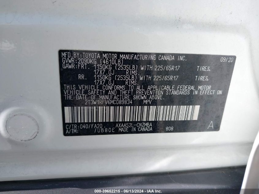 2021 Toyota Rav4 Xle VIN: 2T3W1RFV6MC089834 Lot: 39652215