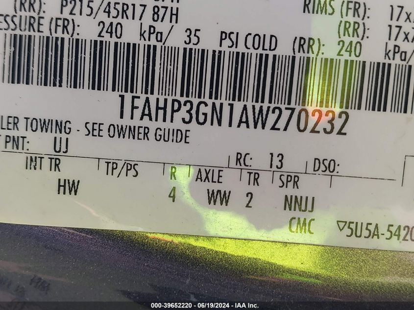 2010 Ford Focus Ses VIN: 1FAHP3GN1AW270232 Lot: 39652220