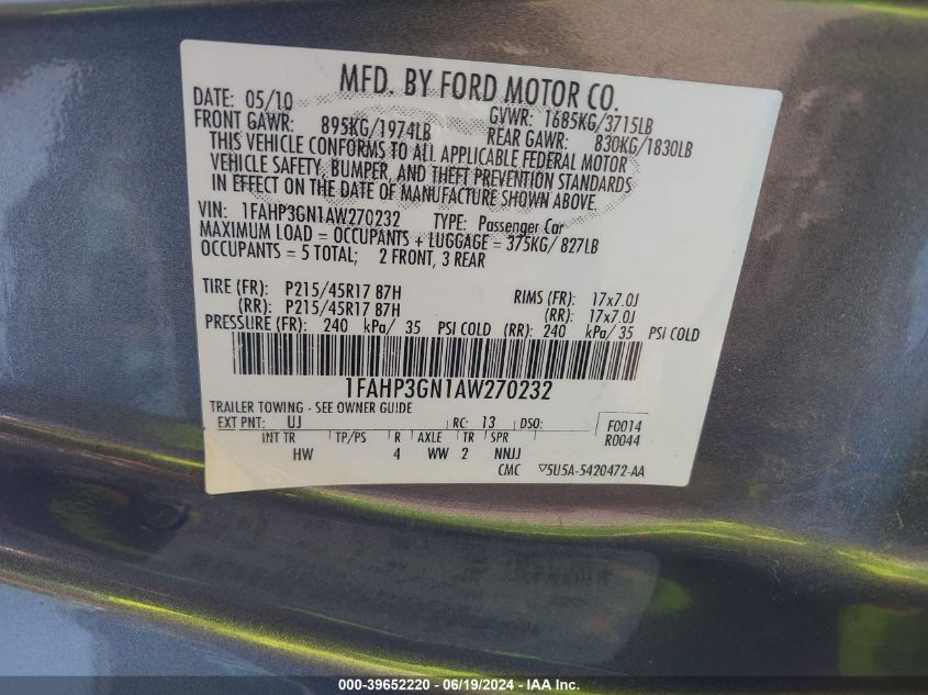 2010 Ford Focus Ses VIN: 1FAHP3GN1AW270232 Lot: 39652220