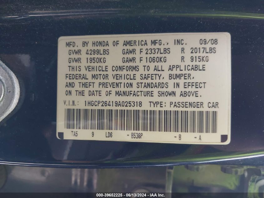 2009 Honda Accord 2.4 Lx-P VIN: 1HGCP26419A025318 Lot: 39652225