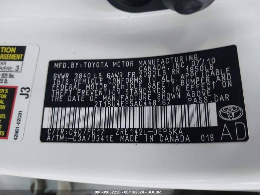 2010 Toyota Corolla S VIN: 2T1BU4EE5AC448167 Lot: 39652226