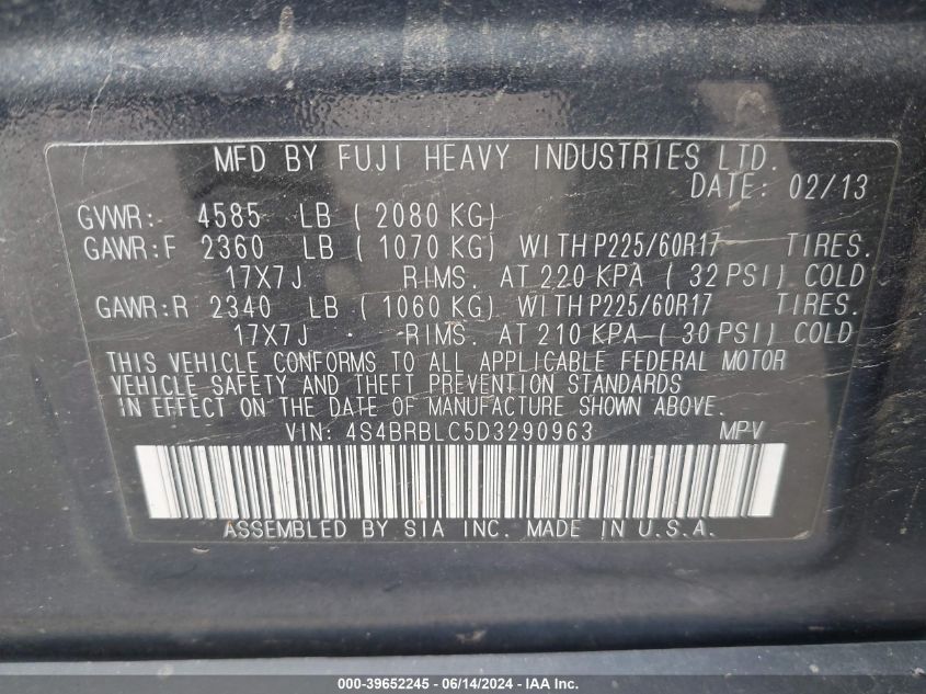 2013 Subaru Outback 2.5I Limited VIN: 4S4BRBLC5D3290963 Lot: 39652245