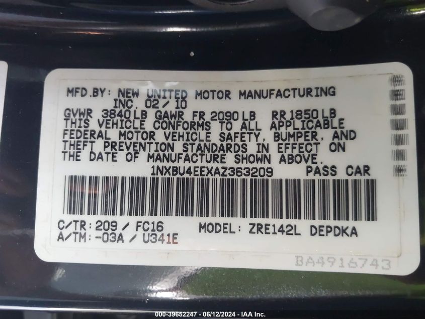 2010 Toyota Corolla Le VIN: 1NXBU4EEXAZ363209 Lot: 39652247