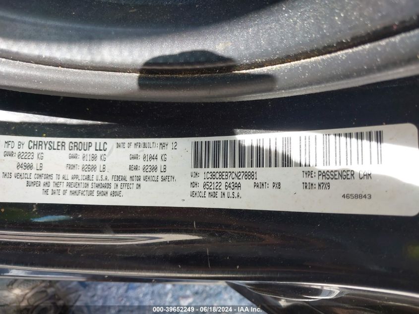 2012 Chrysler 200 Touring VIN: 1C3BCBEB7CN278881 Lot: 39652249