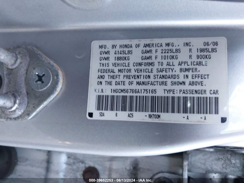 2006 Honda Accord 2.4 Ex VIN: 1HGCM56766A175165 Lot: 39652253