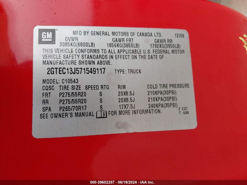2007 GMC Sierra 1500 C1500 VIN: 2GTEC13J571549117 Lot: 39652257