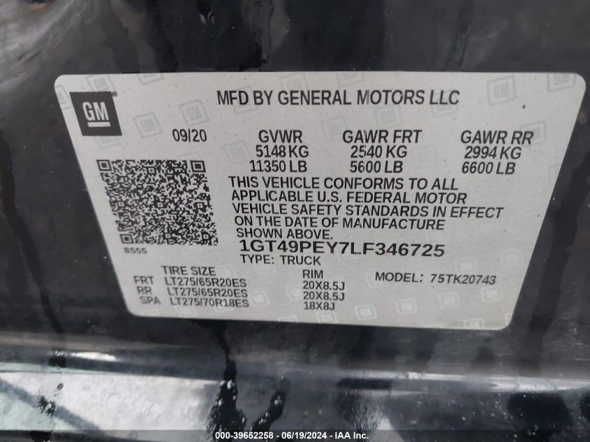 2020 GMC Sierra 2500Hd 4Wd Standard Bed At4 VIN: 1GT49PEY7LF346725 Lot: 39652258