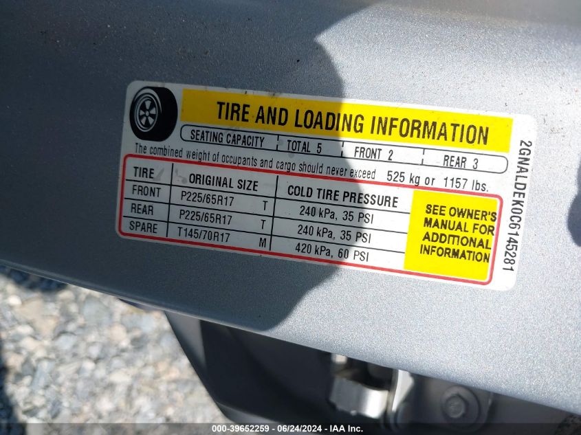 2012 Chevrolet Equinox 1Lt VIN: 2GNALDEK0C6145281 Lot: 39652259