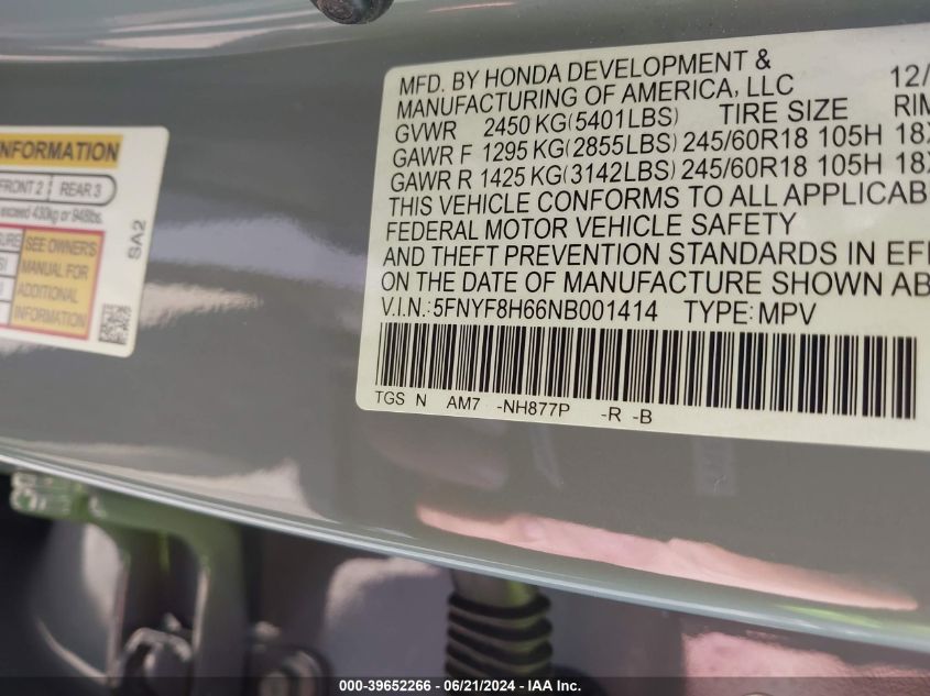 2022 Honda Passport Awd Trailsport VIN: 5FNYF8H66NB001414 Lot: 39652266