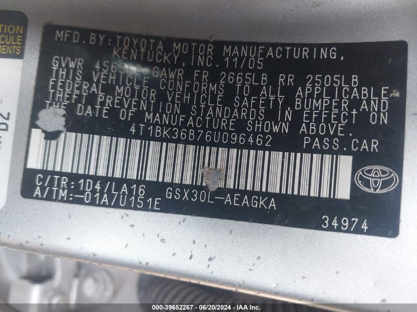 2006 Toyota Avalon Xl/Xls/Touring/Limited VIN: 4T1BK36B76U096462 Lot: 39652267