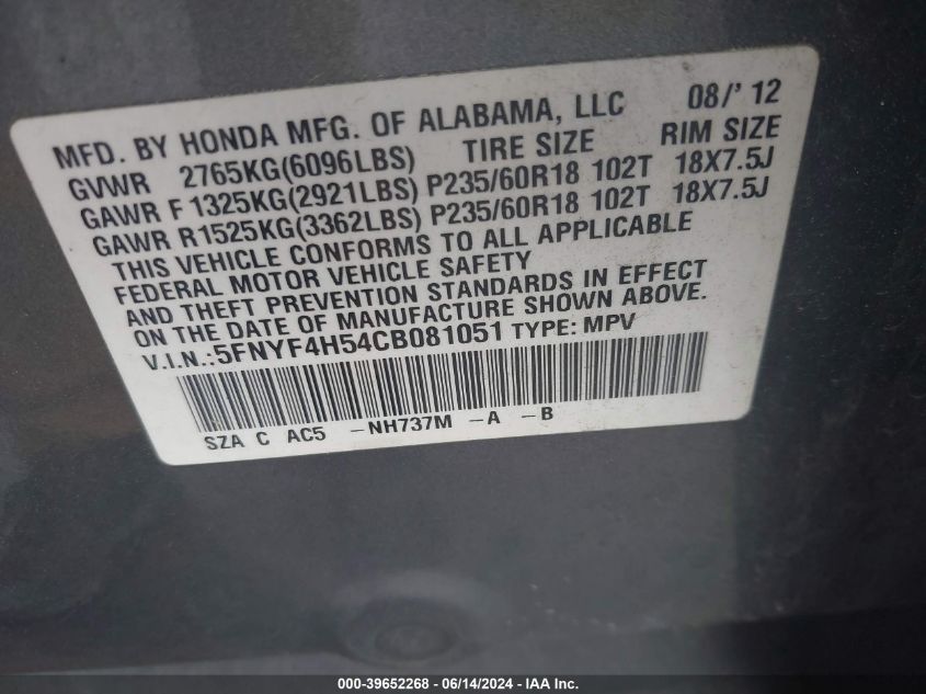 2012 Honda Pilot Ex-L VIN: 5FNYF4H54CB081051 Lot: 39652268