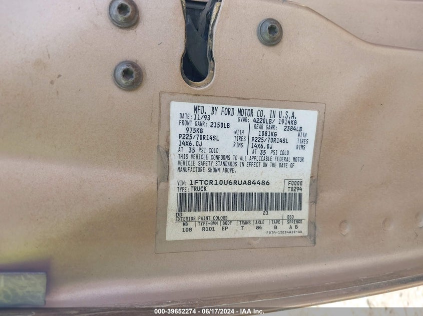 1994 Ford Ranger VIN: 1FTCR10U6RUA84486 Lot: 39652274