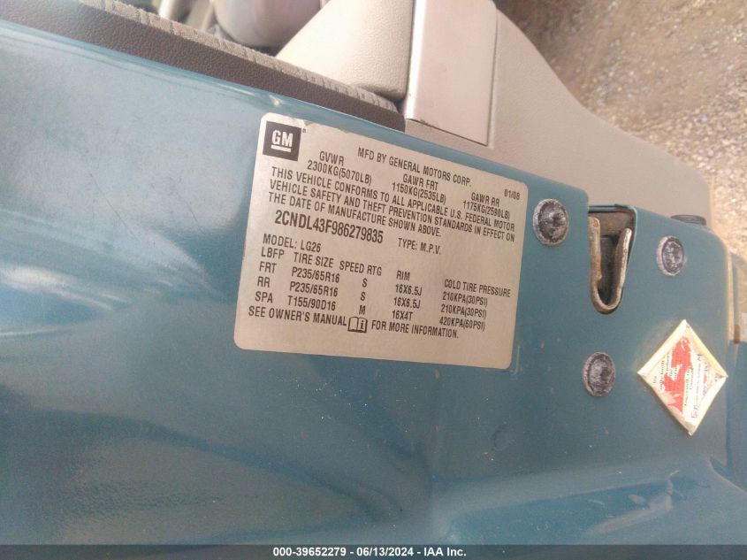 2008 Chevrolet Equinox Lt VIN: 2CNDL43F986279835 Lot: 39652279