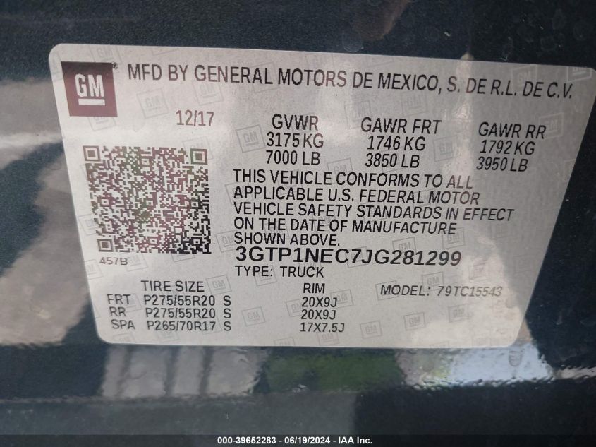 2018 GMC Sierra 1500 Slt VIN: 3GTP1NEC7JG281299 Lot: 39652283