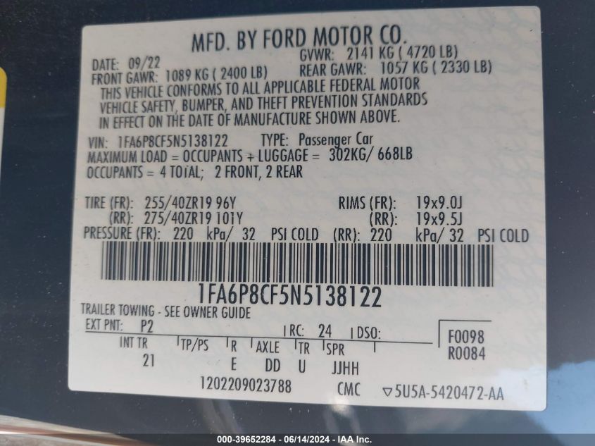 2022 Ford Mustang Gt Fastback VIN: 1FA6P8CF5N5138122 Lot: 39652284