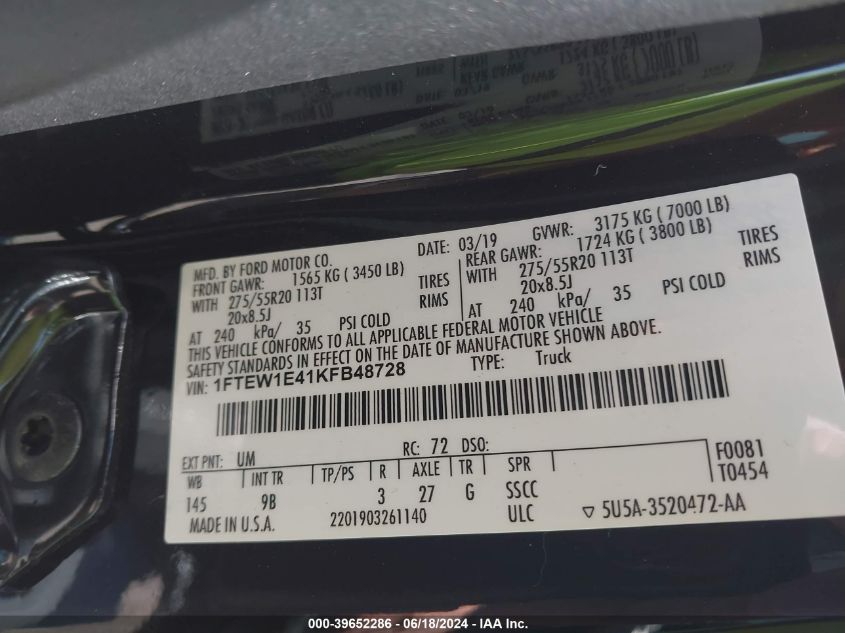 2019 Ford F-150 Platinum VIN: 1FTEW1E41KFB48728 Lot: 39652286